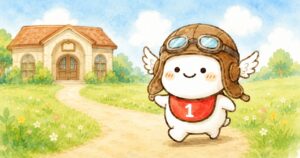 ポテノが図書館前で「まちがえても、また歩けば道になるよ。」と書かれた看板を持つ画像