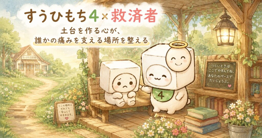 元画像のポテノに準拠。 ポテノが小さな木の看板を持っている。看板には、 「救っていい。 でも、全部を背負わなくていい。」 と読みやすく書かれている。二行でもよい。 背景には、先に生成したすうひもち4×救済者の画像のすうひもちを使う。 そのすうひもちが、小さなベンチや灯りを整えたあと、支えの柱を増やし、ひとりで全部を支えなくてもよい場所を作っている様子にする。 近くには安心して休んでいる小さなすうひもちがいて、遠くには小道と小さな図書館、やわらかい光が見える。 すうひもち本体の顔、体型、表情、雰囲気、仮面の形は、先に生成した画像に準拠して崩さないこと。 別キャラクターのように変えないこと。 ポテノも元画像の雰囲気に合わせ、やさしく自然に描くこと。 全体は、やさしい水彩風、童話風、あたたかい光、安心感のある雰囲気。 文字は看板内のみ。1200×630px。
